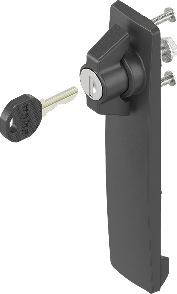 Sleutelschild lang met knevelknop verschillend sluitend, polyamide zwart en GD-Zn (Zamak) zwart gepoedercoat