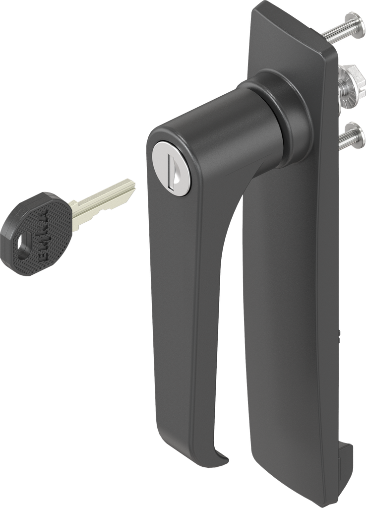 capotage long avec poignée bec de cane clé différente, polyamide noir et zamak époxy noir